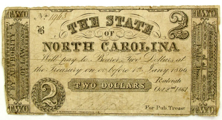 1861 Civil War, State of North Carolina $2 note October 6th 1861 1861 Civil War, State of North Carolina $2 note October 6th 1861