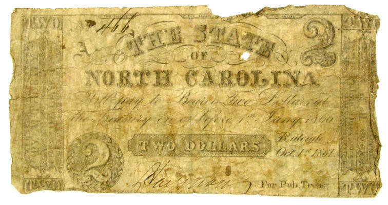 1861 Civil War, State of North Carolina $2 note October 6th 1861 1861 Civil War, State of North Carolina $2 note October 6th 1861