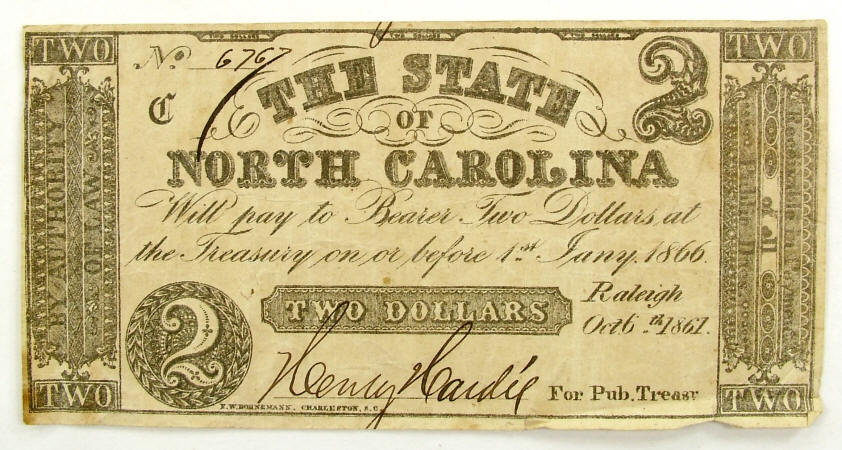 1861 Civil War, State of North Carolina $2 note October 6th 1861 1861 Civil War, State of North Carolina $2 note October 6th 1861
