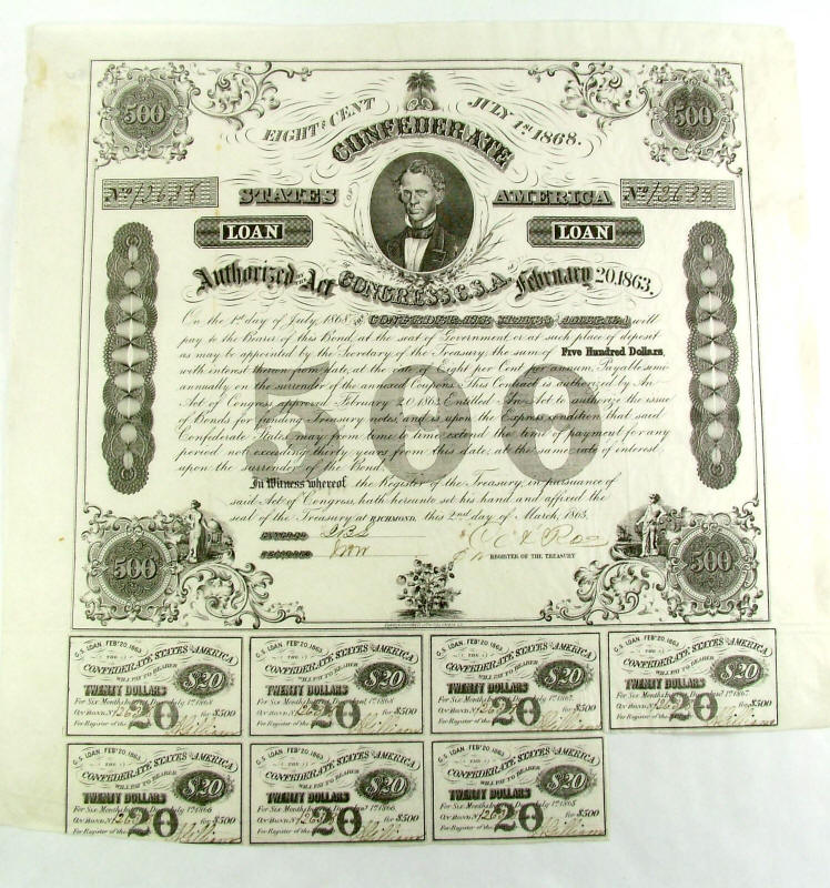$40 Dollars CSA Interest Coupon from 1861 $1000 Confederate Bond Currency Note 
